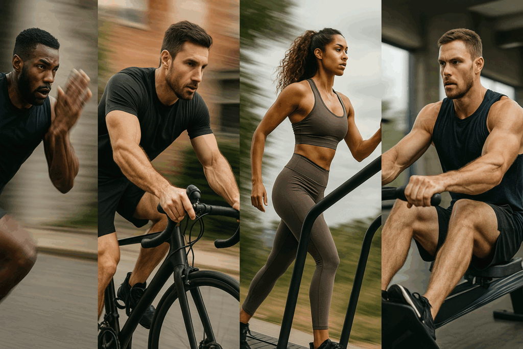 Muscular athletes performing HIIT sprinting, cycling, incline walking, and rowing as part of a cardio and strength training schedule