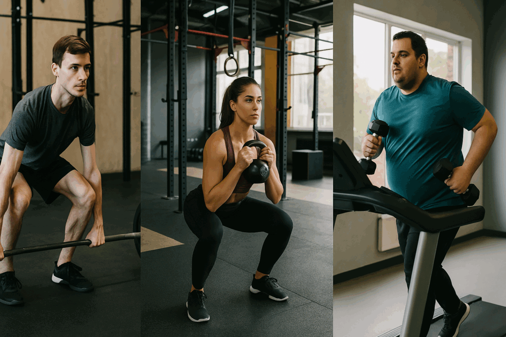 Three athletes demonstrating a cardio and strength training schedule: ectomorph deadlifting, mesomorph doing kettlebell squats, and endomorph walking on a treadmill with weights.