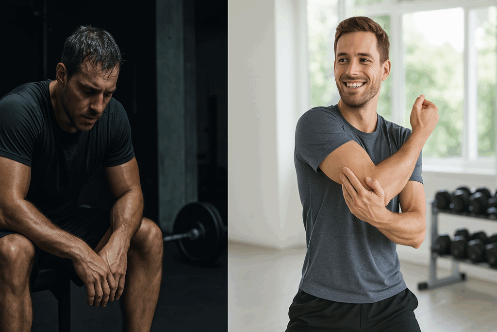 Exhausted man in a dark gym and smiling athlete stretching in a bright studio, illustrating effects of a balanced cardio and strength training schedule