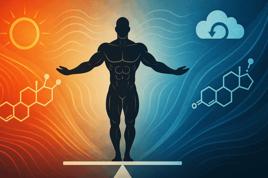 Muscular figure balancing energy waves and hormone icons, visualizing a cardio and strength training schedule's impact on hormone balance