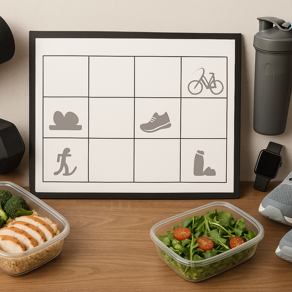 Weekly planner surrounded by gym gear, running shoes, smartwatch, and healthy meals, symbolizing a balanced cardio and strength training schedule.
