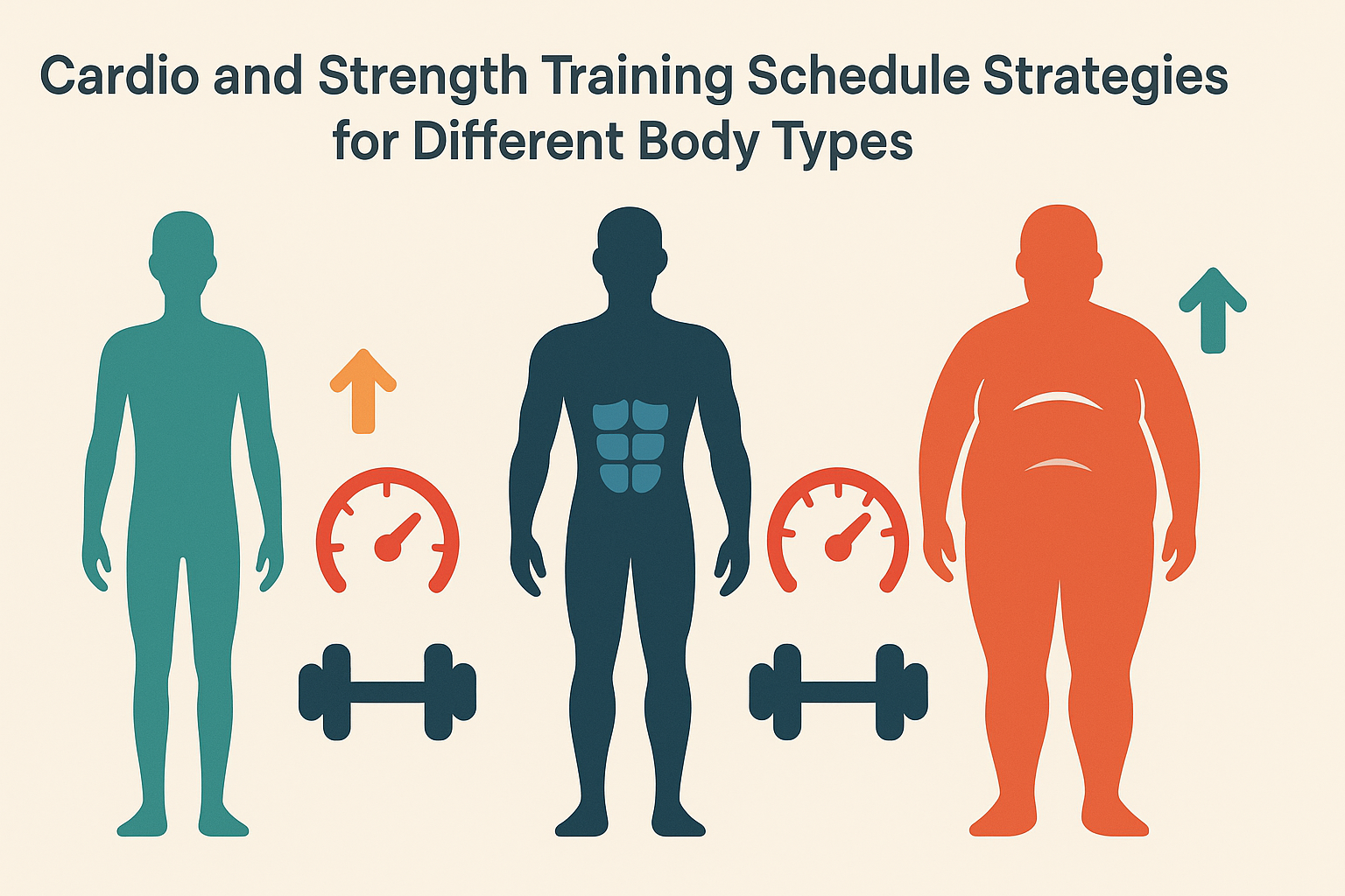 Infographic showing cardio and strength training schedule strategies with visual comparisons for ectomorph, mesomorph, and endomorph body types