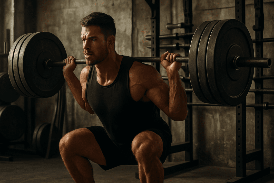 Muscular man performing a heavy back squat in a gritty gym as part of a barbell hypertrophy program