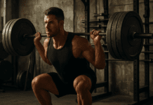 The Ultimate Guide to Building Muscle with a Proven Barbell Hypertrophy Program Muscular man performing a heavy back squat in a gritty gym as part of a barbell hypertrophy program