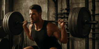 Muscular man performing a heavy back squat in a gritty gym as part of a barbell hypertrophy program