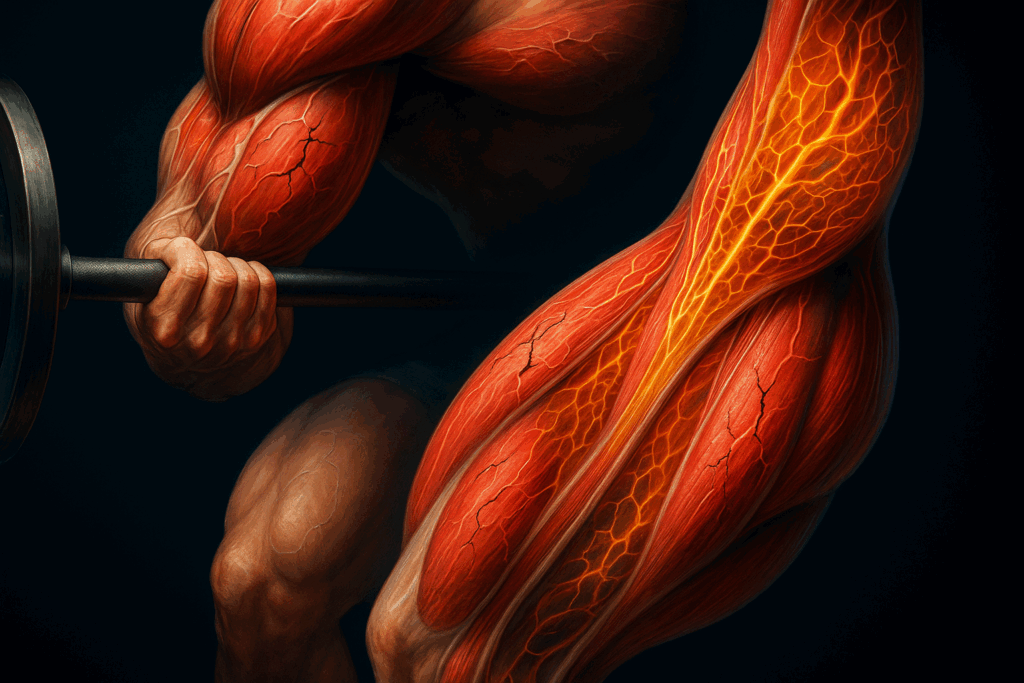 Detailed anatomical view of upper leg and arm muscles under stress during a barbell hypertrophy program, showing muscle fiber activation and vascular response.
