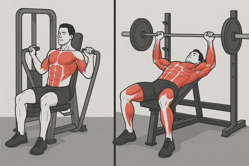 Man performing barbell bench press beside machine chest press to compare muscle activation in a barbell hypertrophy program