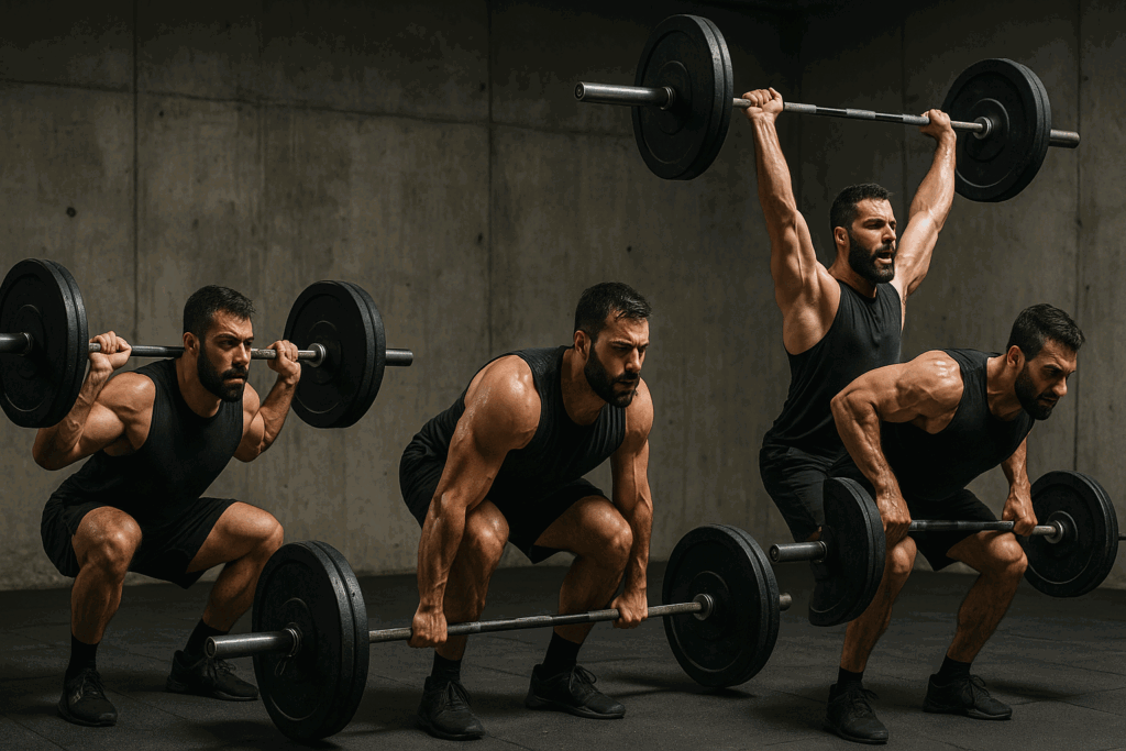 Athlete performing squat, deadlift, overhead press, and barbell row in a barbell hypertrophy program at an industrial gym