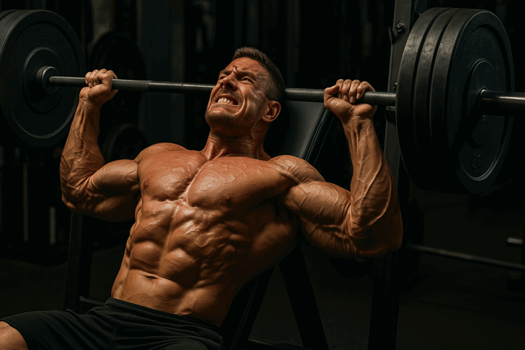 Muscular man performing an incline bench press under gym lighting as part of a barbell hypertrophy program