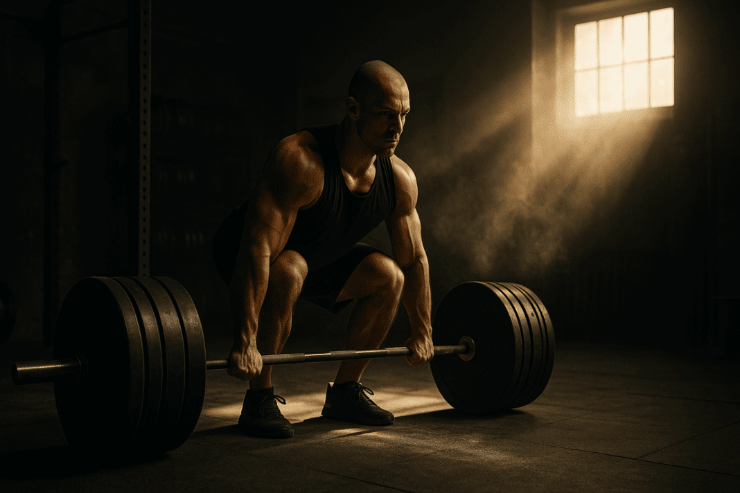 Muscular man deadlifting a heavy barbell in a dimly lit gym, showcasing discipline and focus in a strength program.