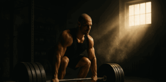 Muscular man deadlifting a heavy barbell in a dimly lit gym, showcasing discipline and focus in a strength program.