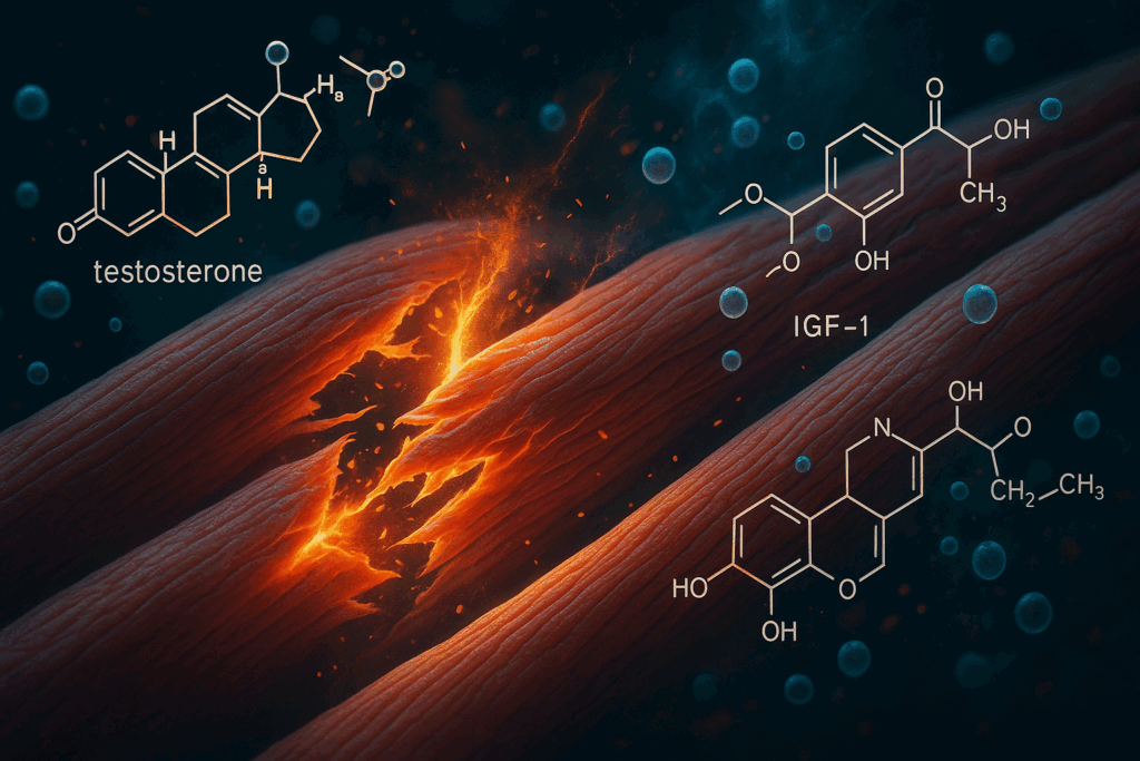 Scientific visualization of muscle fibers undergoing microtears and protein synthesis, symbolizing biological mechanisms behind an advanced strength program
