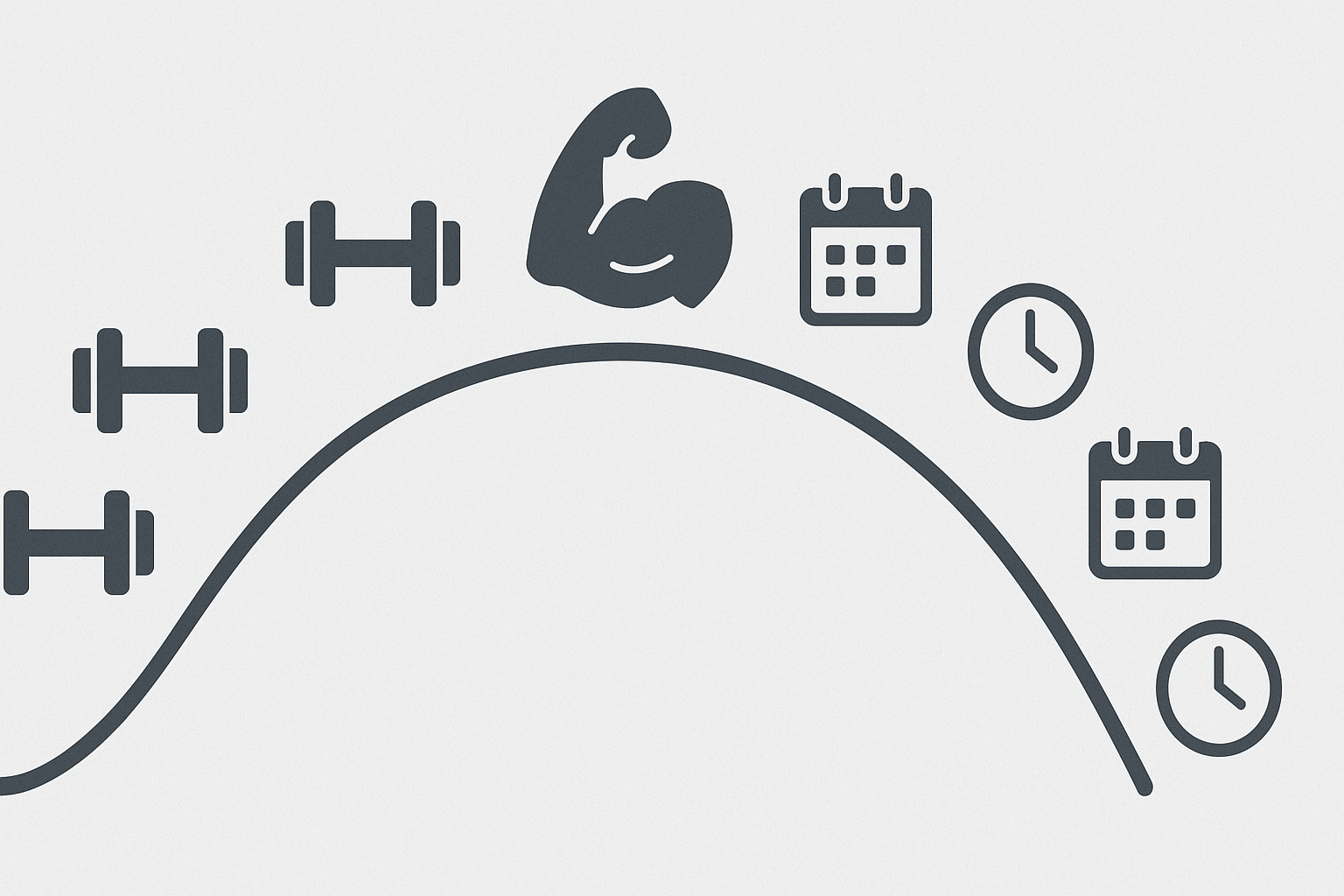 Visual chart showing a periodized strength program with symbolic icons for hypertrophy, peak training, and deload phases over time