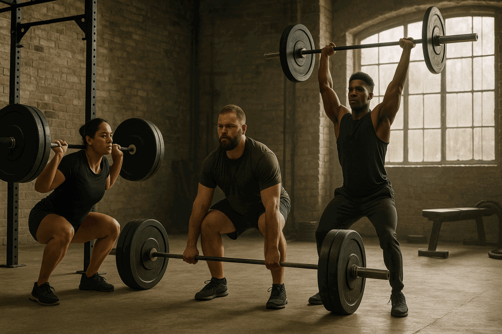 Three diverse athletes performing compound lifts—squat, deadlift, and overhead press—in a gritty gym as part of a strength program.