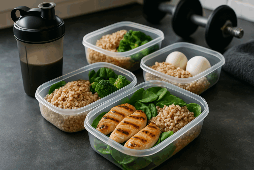 Balanced meal prep with grilled chicken, brown rice, eggs, and greens designed for a strength program post-workout routine