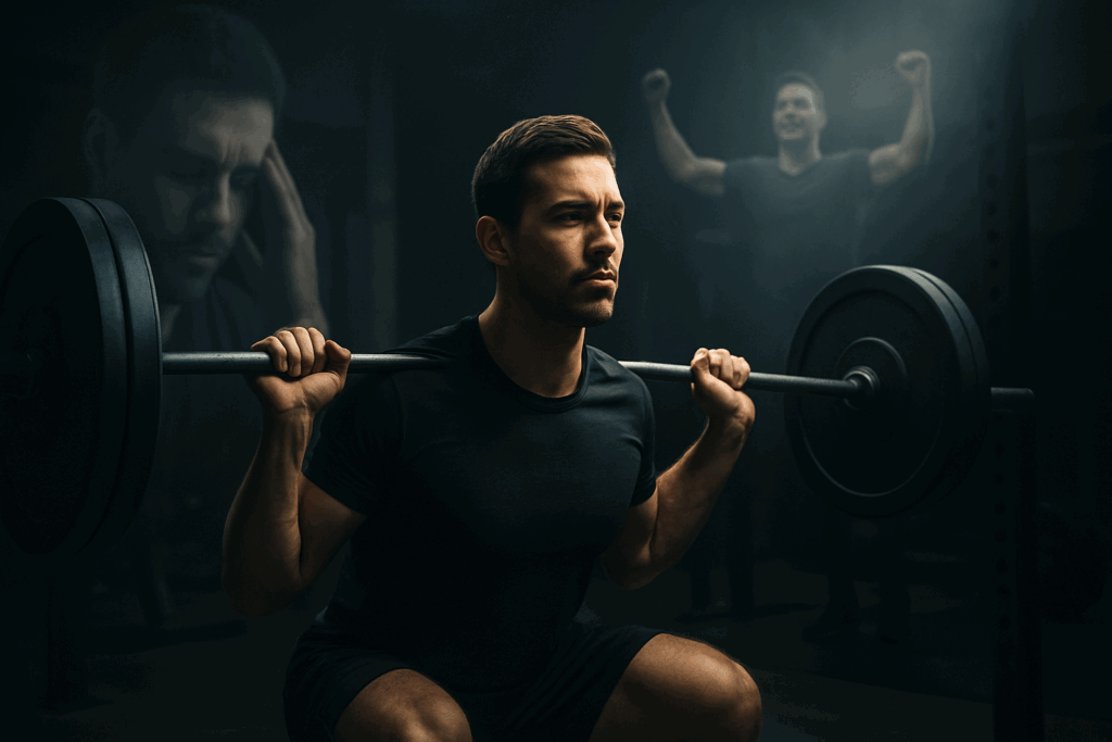Man lifting a barbell in a dimly lit gym, visualizing success as part of a mental strength program