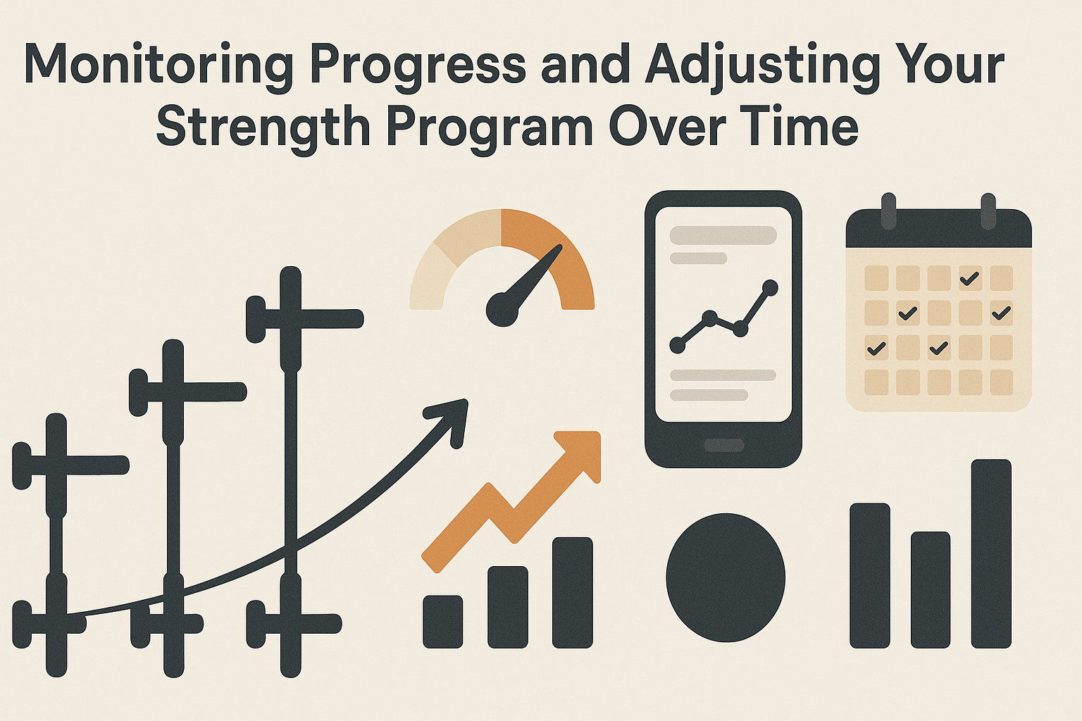Visual infographic showing a strength program timeline with increasing barbells, RPE gauges, app graphs, and calendar tracking icons.