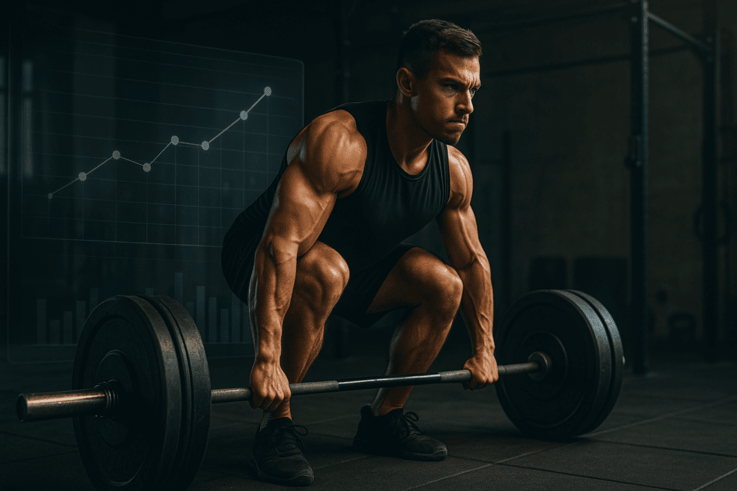 Focused athlete lifting a heavy barbell in a gritty gym with a transparent weight lifting chart interface in the background.