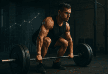 The Ultimate Guide to Building Muscle with a Proven Weight Lifting Chart for Strength Gains Focused athlete lifting a heavy barbell in a gritty gym with a transparent weight lifting chart interface in the background.