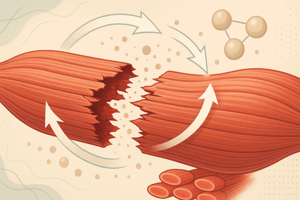 Microscopic view of muscle fibers breaking and repairing under stress, illustrating adaptation and recovery linked to a weight lifting chart.