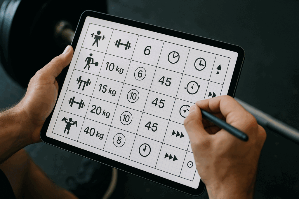 Close-up of a gym-goer logging workout data on a tablet displaying a detailed weight lifting chart with icons for sets, reps, and rest.