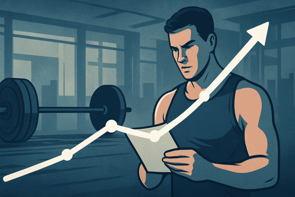 Man in a gym reviewing his weight lifting chart with a barbell and upward strength progress line in the background