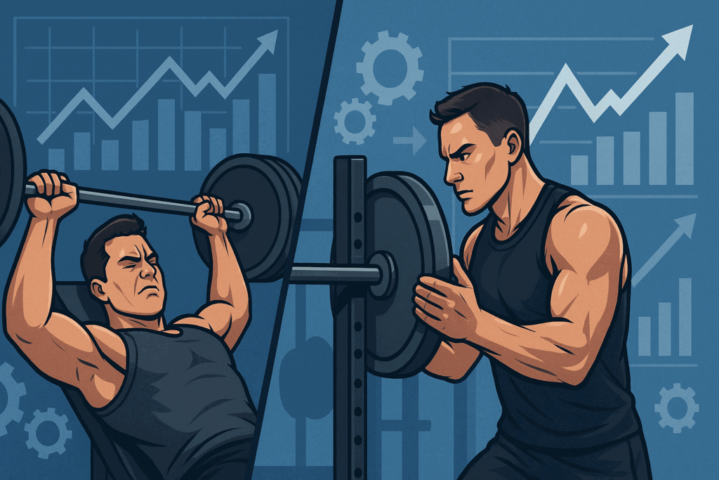 Split-scene of two male athletes in a gym analyzing progress with gear icons and graphs representing a weight lifting chart strategy.