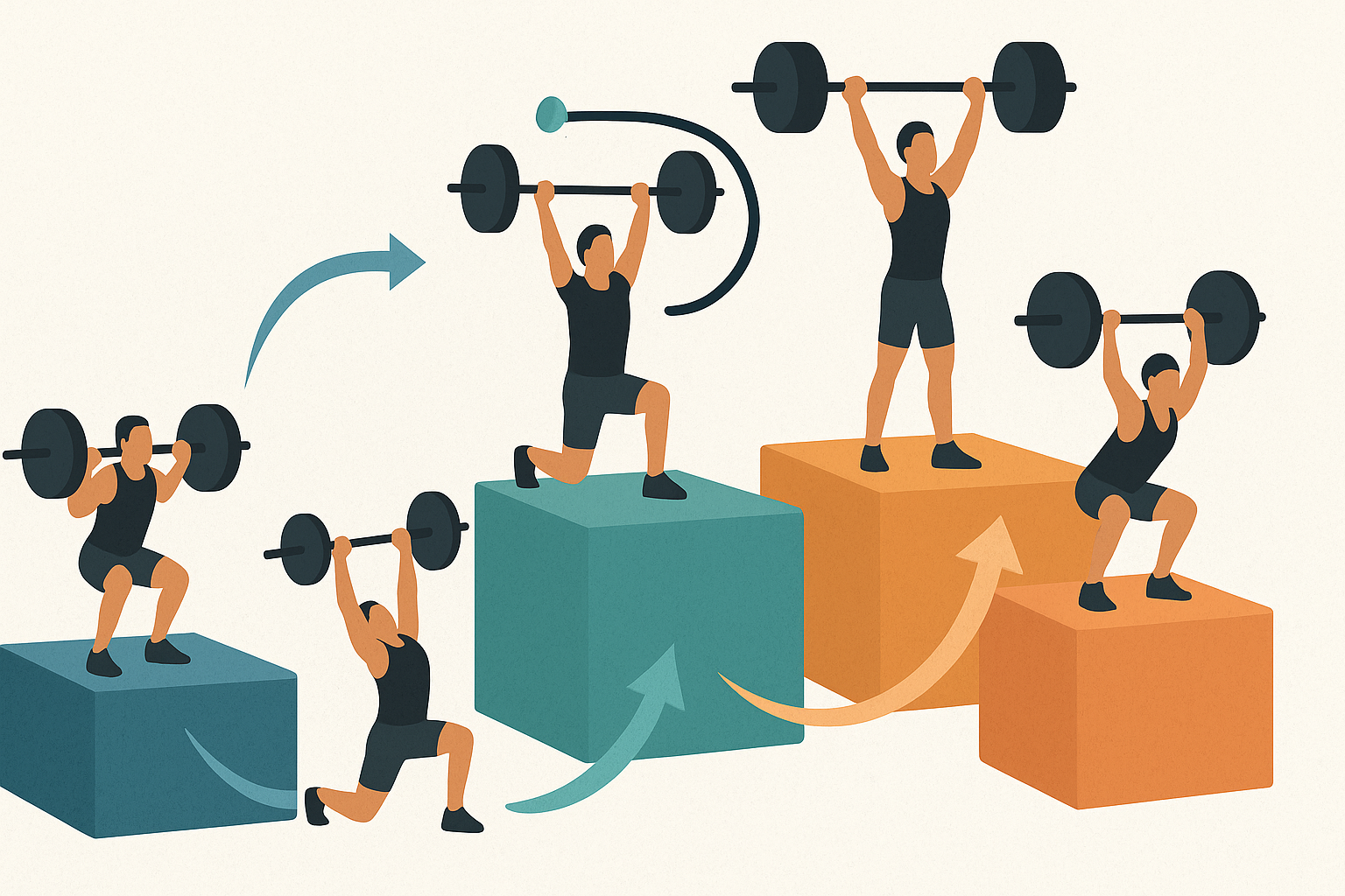 Visual representation of a weight lifting chart using athletes performing lifts on ascending blocks to illustrate periodized training progression
