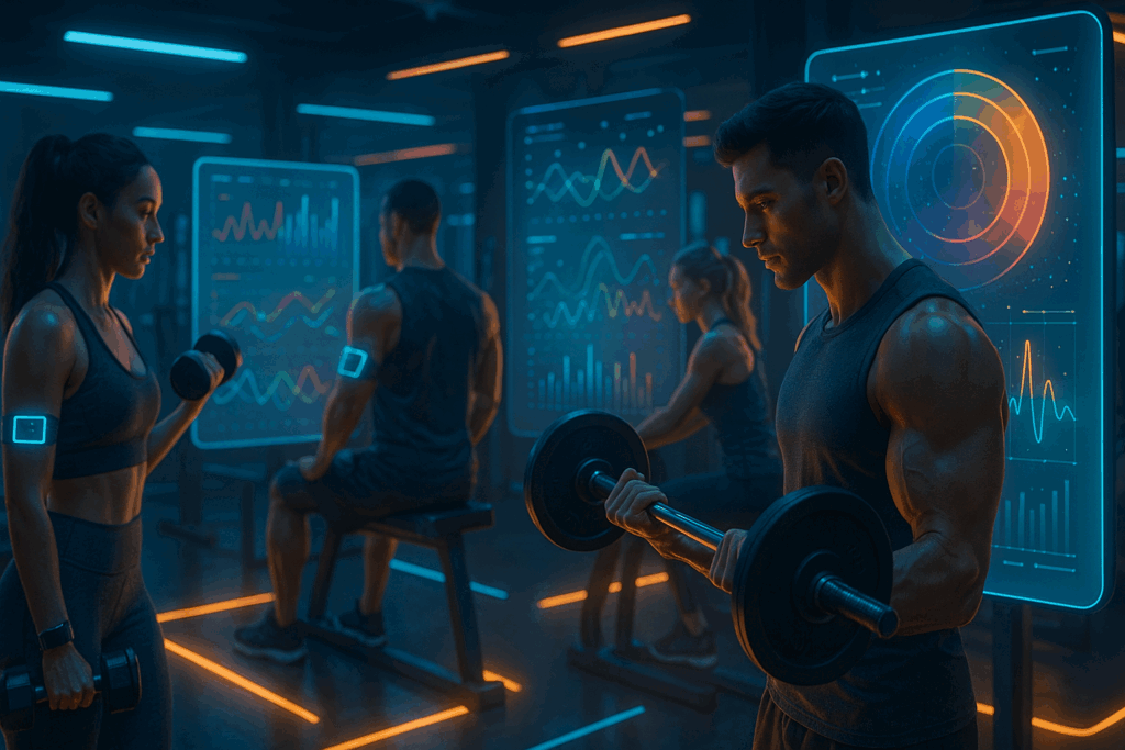 Athletes in a high-tech gym using wearables and digital screens displaying a futuristic weight lifting chart with glowing biometric data.