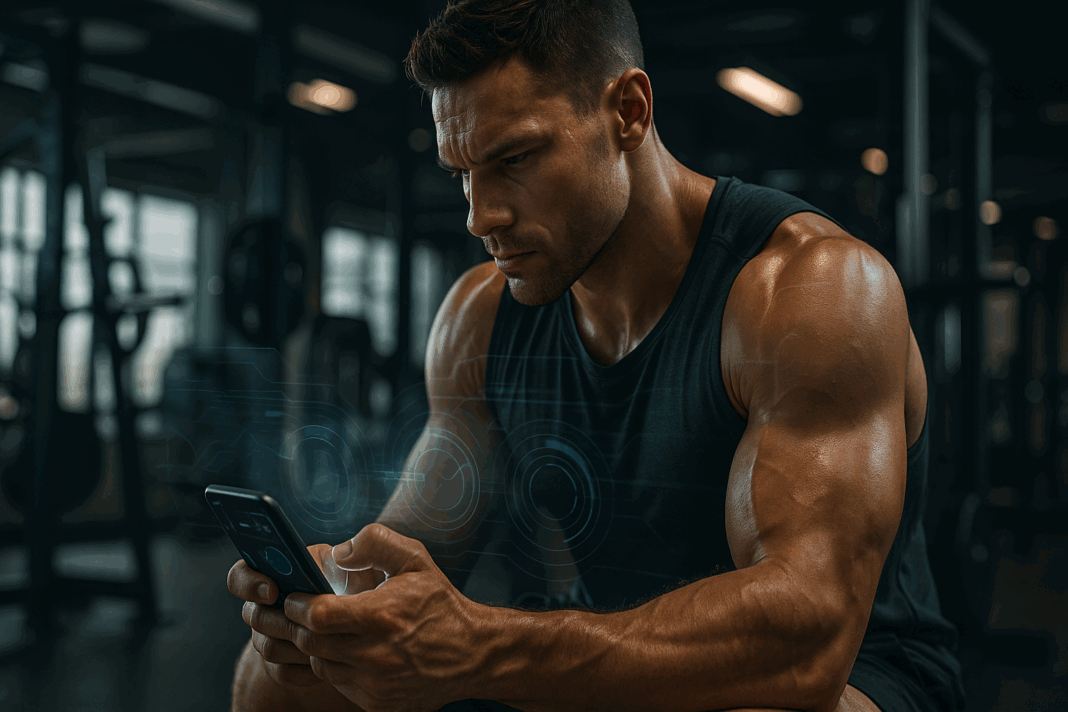 Muscular athlete analyzing workout stats on a smartphone using the best hypertrophy app in a high-tech gym setting.