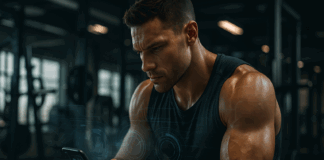 Muscular athlete analyzing workout stats on a smartphone using the best hypertrophy app in a high-tech gym setting.