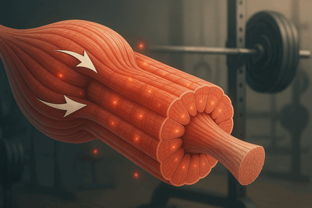 Detailed anatomical illustration of muscle fibers undergoing hypertrophy under mechanical stress, ideal for explaining training principles in the best hypertrophy app