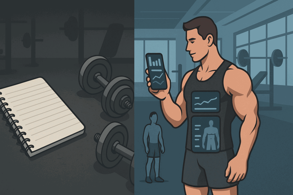 Split-screen showing traditional training with notebook and dumbbells versus modern gym tech using the best hypertrophy app.