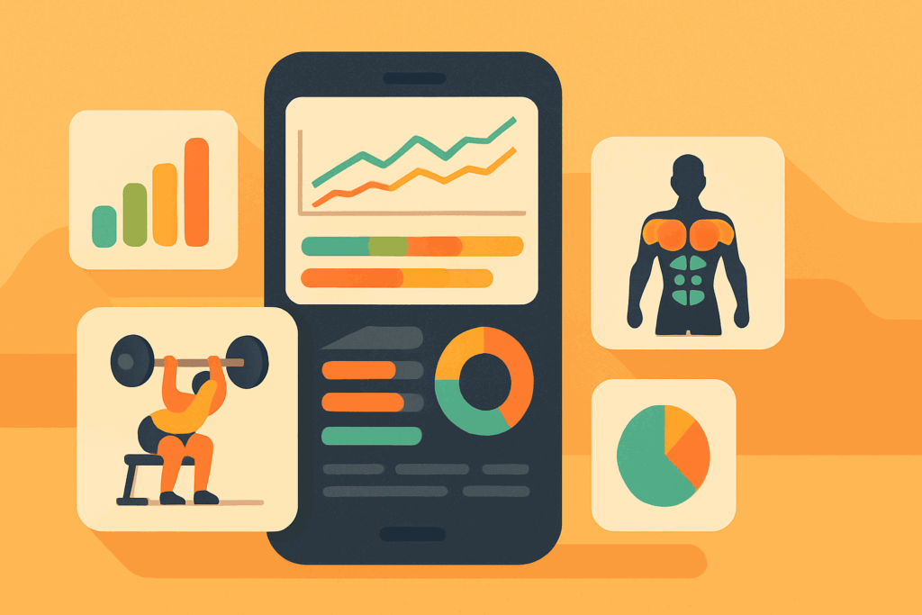 Colorful mock-up of the best hypertrophy app interface showing workout stats, progress charts, and muscle visuals in an abstract design