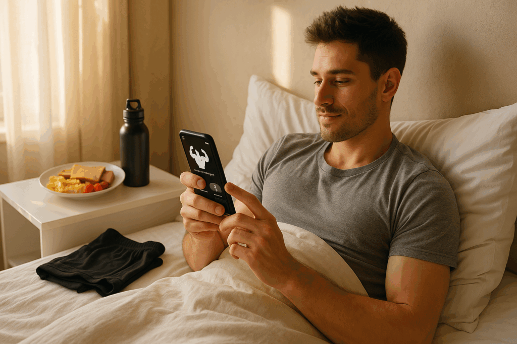 Man checking the best hypertrophy app in bed beside a balanced breakfast, water bottle, and gym clothes in morning light