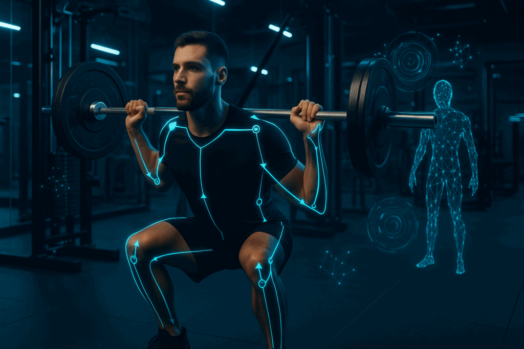 Man performing squats in a futuristic gym with AR form tracking, featured in a best hypertrophy app interface.