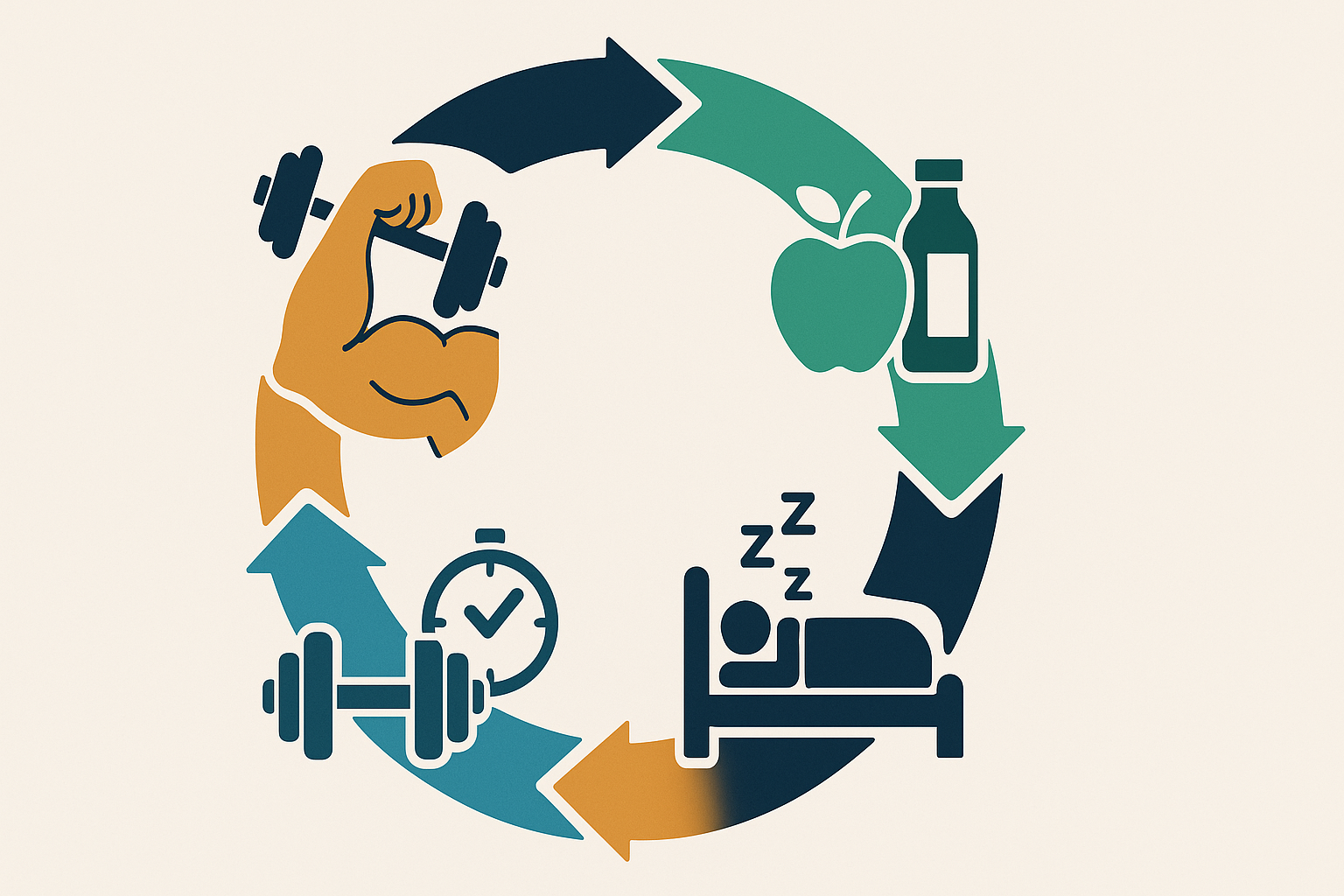 Circular infographic showing the best hypertrophy app features—training, nutrition, sleep, and recovery—connected by arrows in a loop.