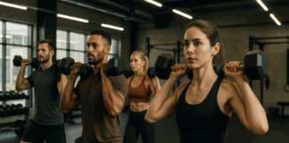 Group of men and women lifting dumbbells in a modern gym, demonstrating focus and form during a weightlifting training program.