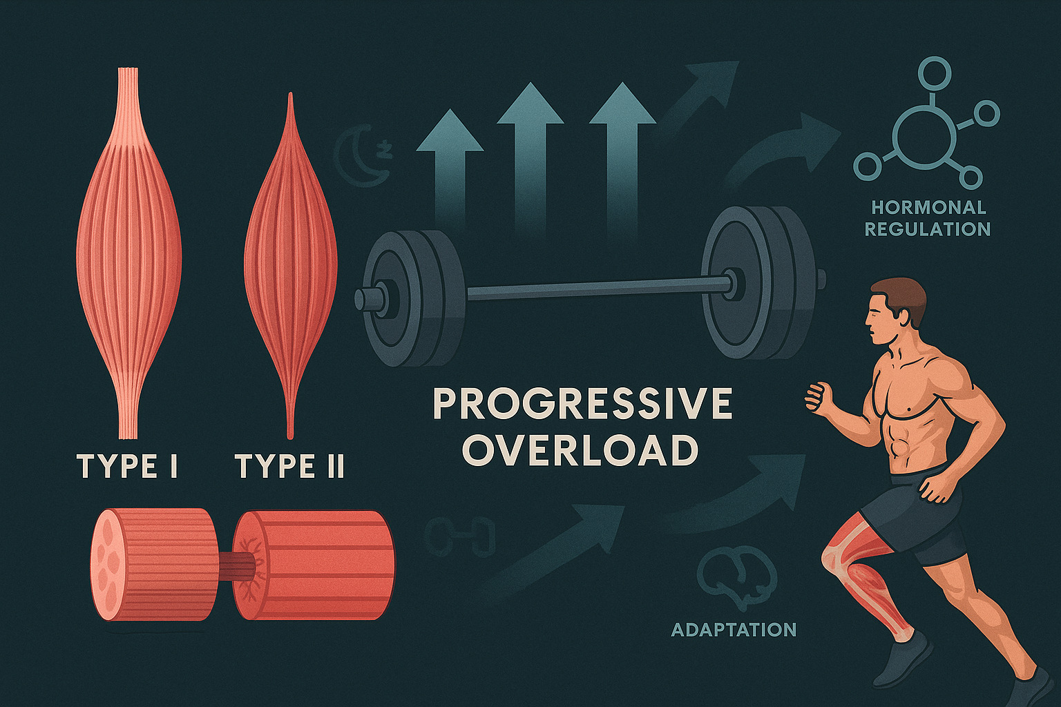 Infographic showing Type I and Type II muscle fibers, progressive overload, and recovery elements in a weightlifting training program.