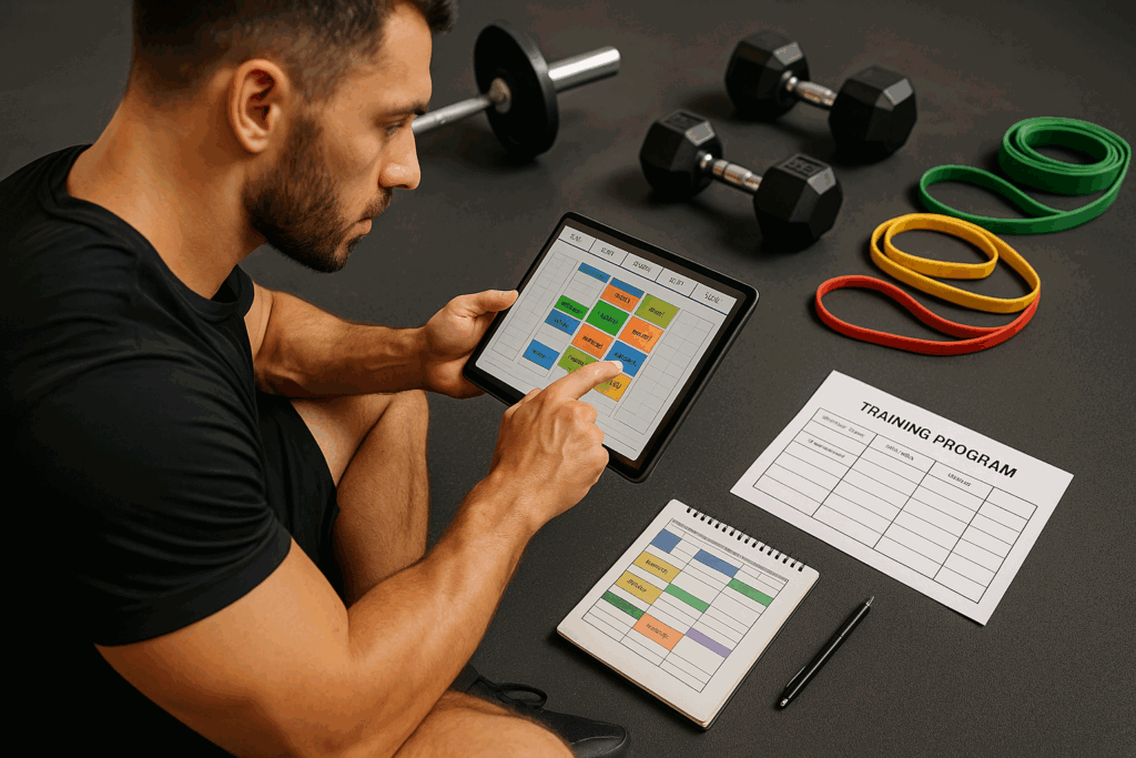 Coach planning a weightlifting training program on a tablet surrounded by barbells, dumbbells, resistance bands, and a notepad.
