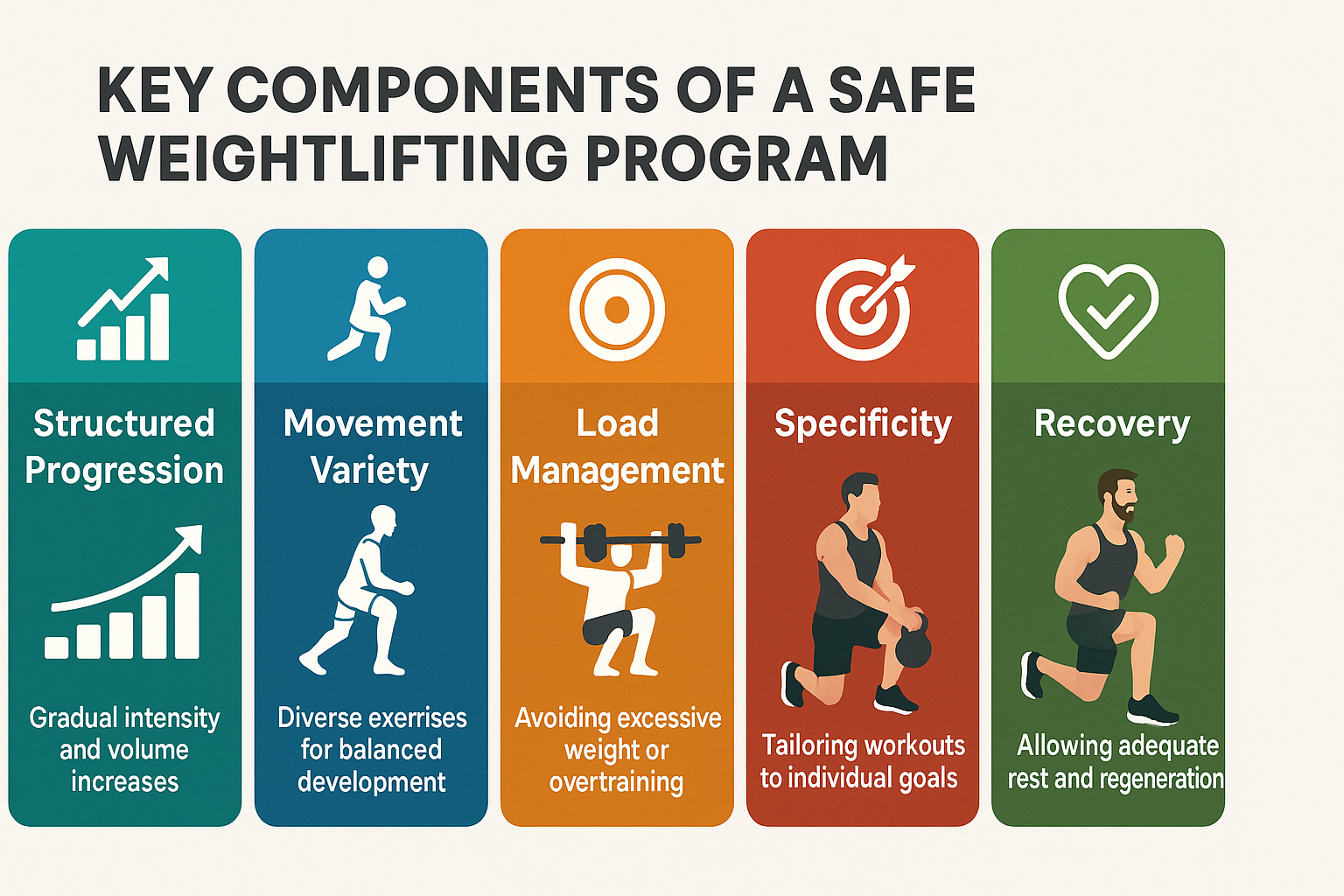 Infographic illustrating five pillars of a safe weightlifting training program including progression, variety, load, specificity, and recovery.