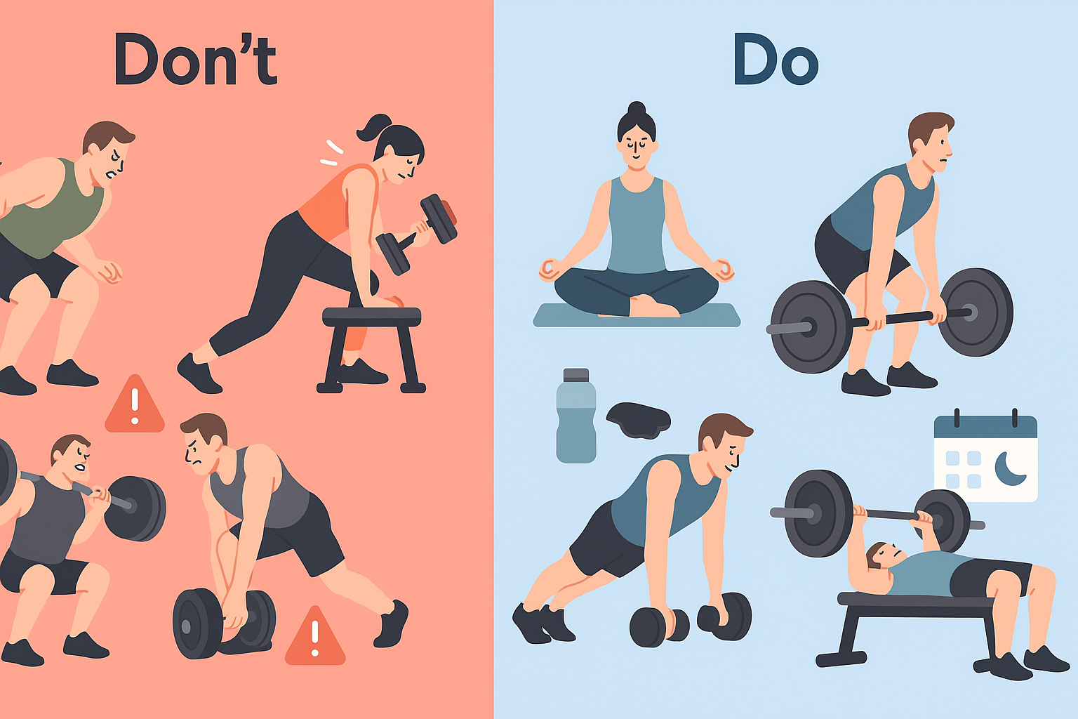 Illustration comparing poor and proper lifting habits in a weightlifting training program, highlighting technique, safety, and recovery practices.