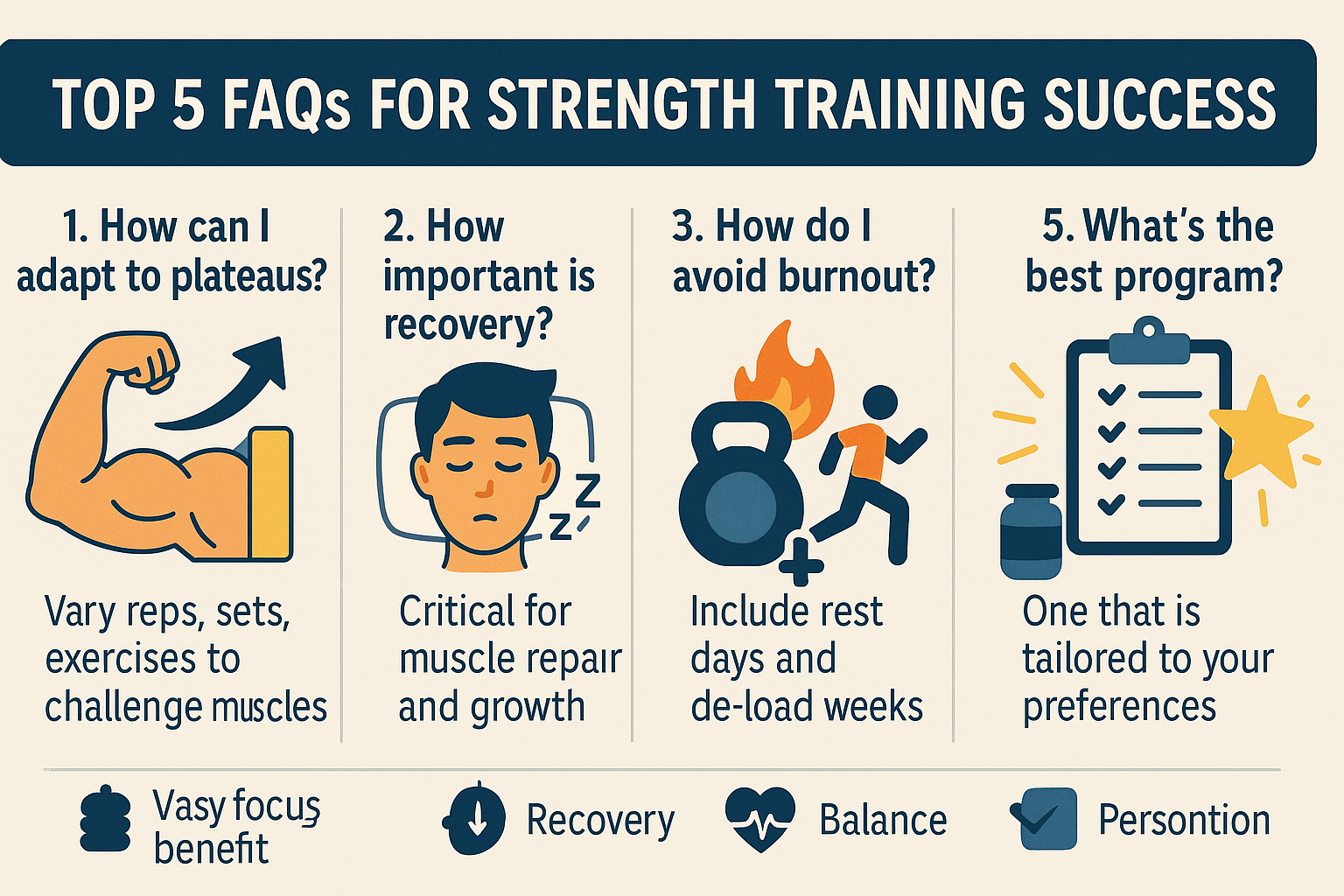 Infographic answering top FAQs about starting a weightlifting training program, including tips on recovery, burnout, and personalization.