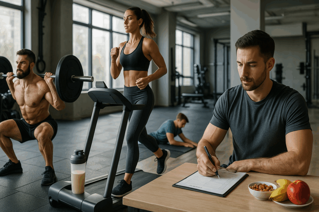 Four people in a gym weightlifting, running, stretching, and reviewing a meal plan to illustrate a balanced weightlifting training program.