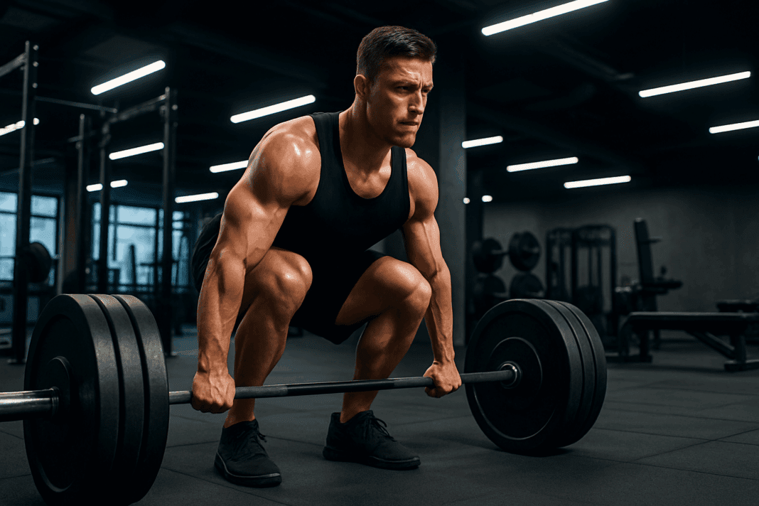 The Ultimate Guide to Building Strength Why You Must Lift Heavy for Real Gains001 Muscular man mid-rep performing a deadlift in a modern gym, showing focus and strength to lift heavy.