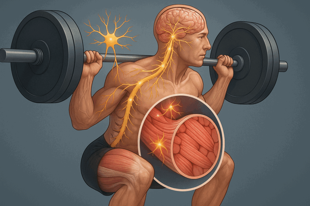 Cutaway illustration of a man performing a barbell squat showing muscle fibers and nerve activation to demonstrate how the body responds when you lift heavy.