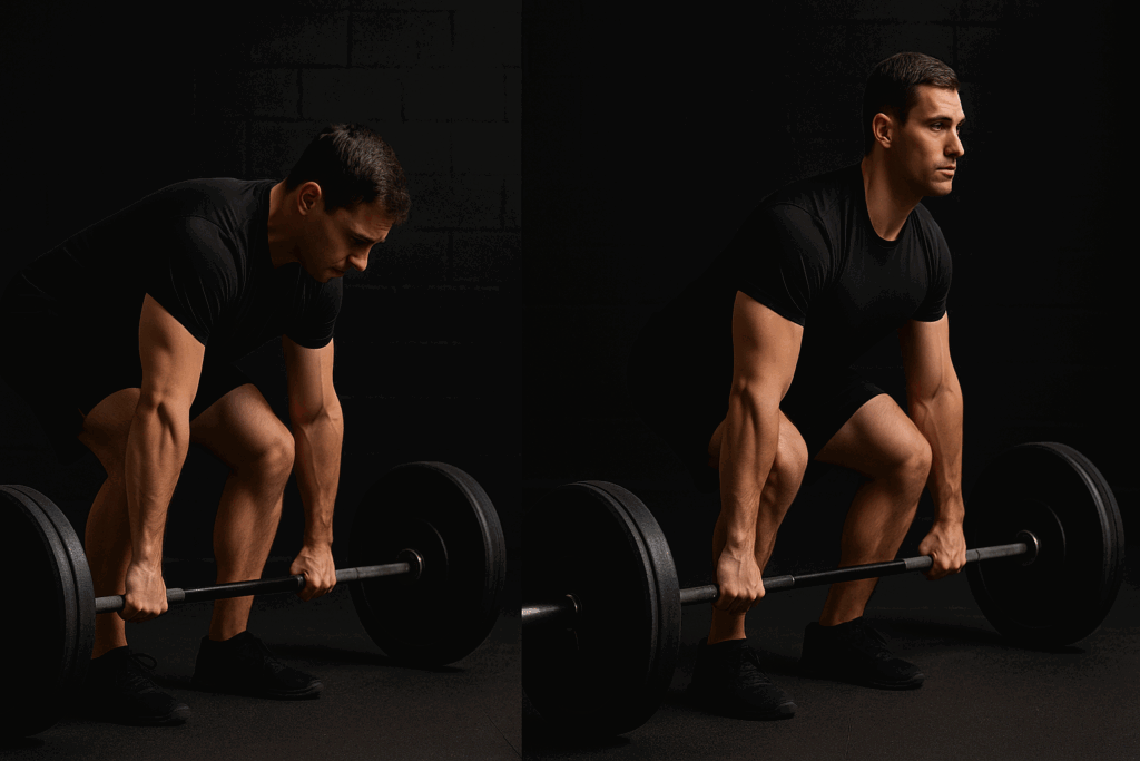 Side-by-side comparison of a man attempting to lift heavy weights with poor form versus proper deadlift technique in a gym.