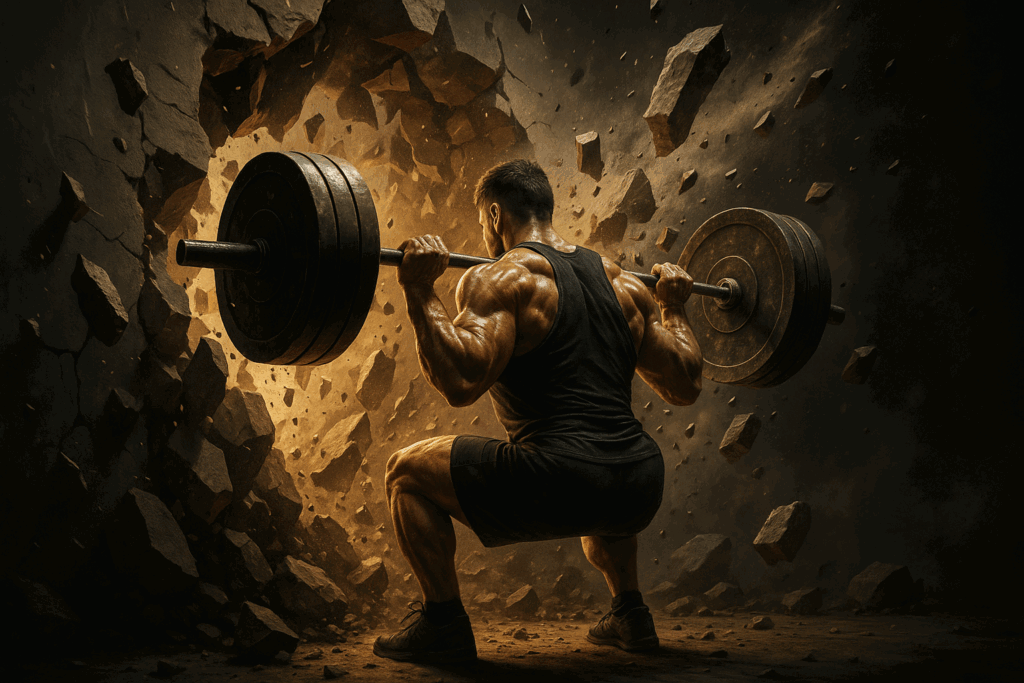 Muscular man breaking through a concrete wall mid-barbell squat to symbolize strength gains and the need to lift heavy to overcome plateaus