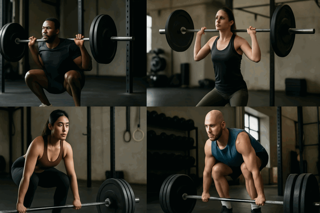 Diverse men and women in gym settings performing squats, deadlifts, and presses to lift heavy weights with focus and determination