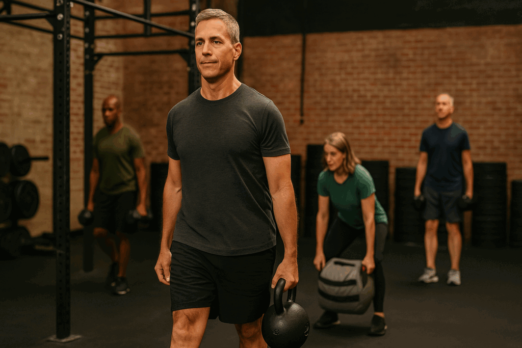 Middle-aged man performing a kettlebell carry in a functional gym, demonstrating how to lift heavy for long-term strength and mobility.